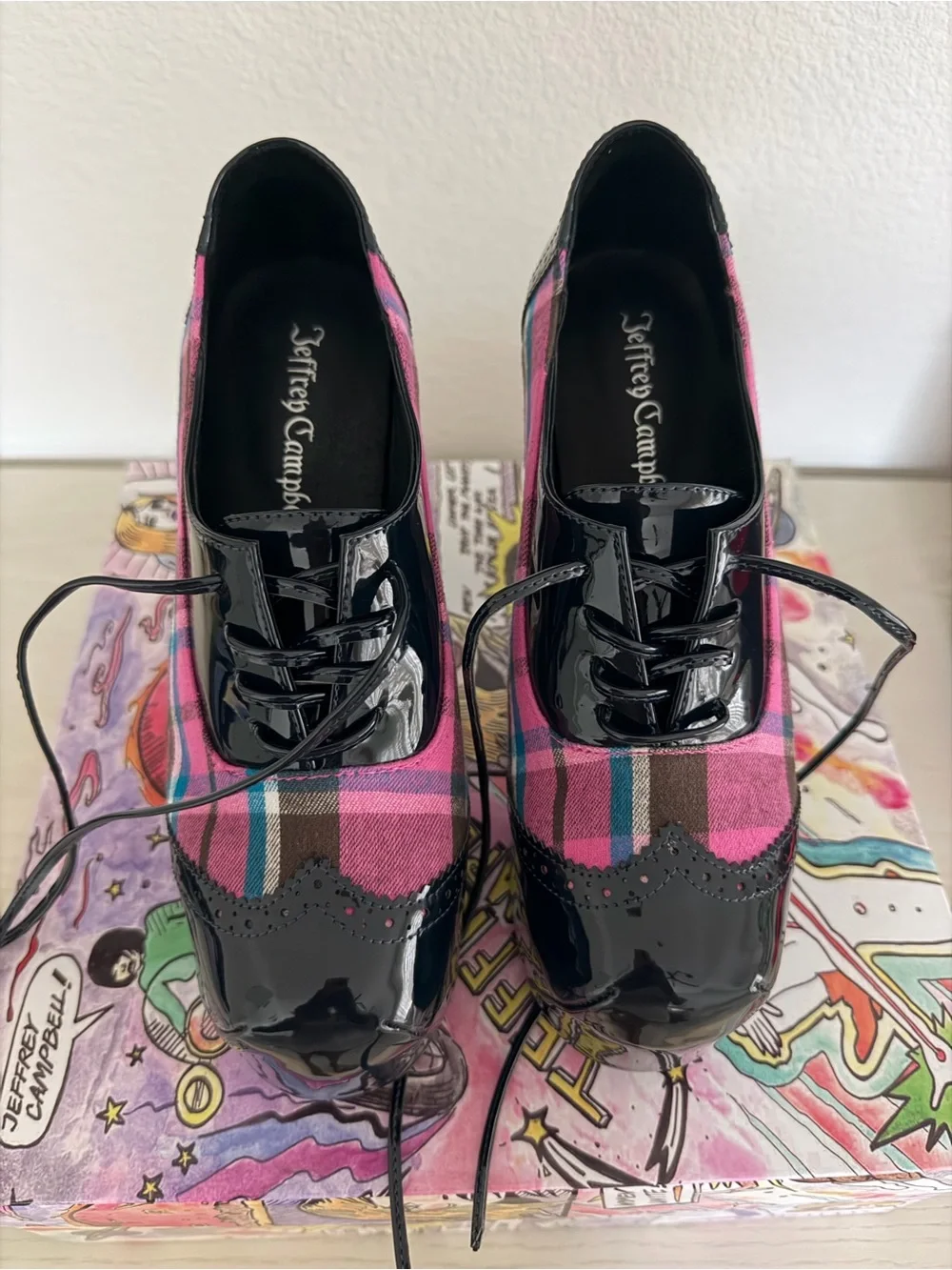 Women's Pink Plaid Platform Lace-Up Heels